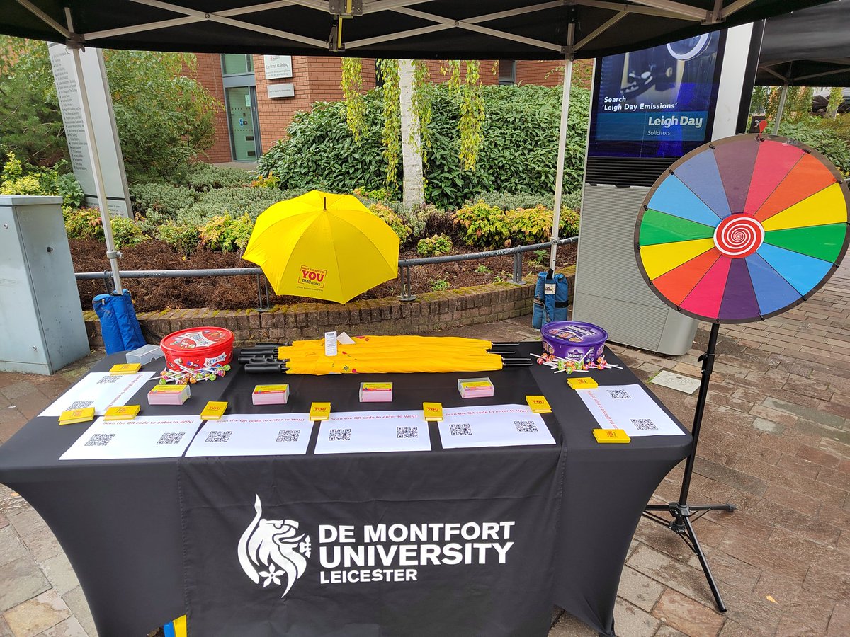 DMUmade's tweet photo. Who wants to spin the wheel for the chance to win one or these beautiful umbrellas?!
Find us opposite the Campus Centre steps, today from 10am.
#madefrommore #dmuworks https://t.co/u194CtklEn