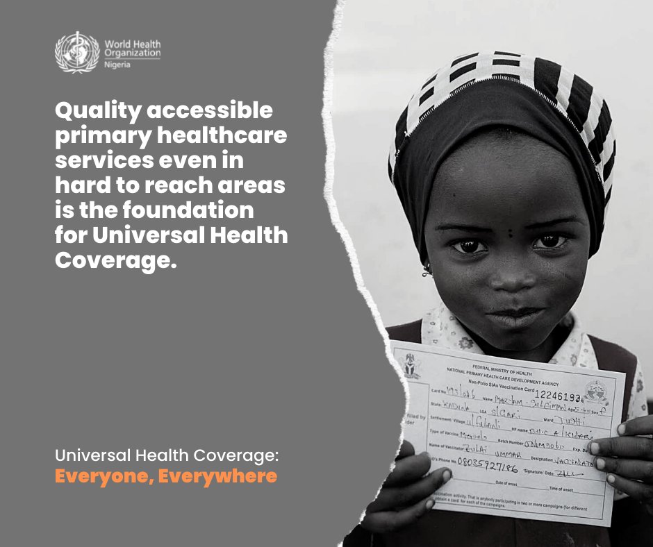WHONigeria's tweet photo. Quality accessible primary healthcare services even in hard to reach areas is the foundation for #UniversalHealthCoverage.

#UHC
#HealthForAll https://t.co/Ec3TS1tXMA