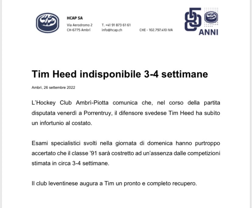 L’Ambrì perde Tim Heed per 3-4 settimane #HCAP