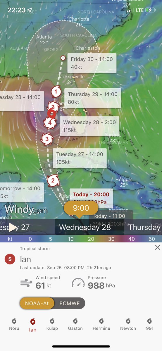 jpcullan's tweet photo. @catturd2 There is a Hurricane tracker layer.  When used you select the name of the storm system and “play” the projected path. In the screenshot it shows where Ian will be @ 9:00 Wednesday. You can 📍your location to view projected conditions there as well. Just play with the layers. https://t.co/QN6ShAfxiG
