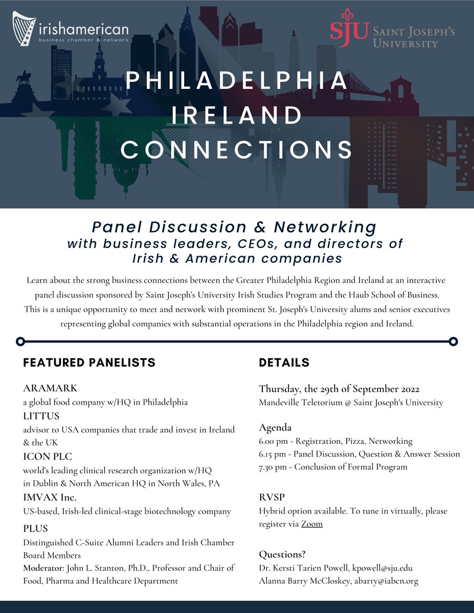 IABCNPhila's tweet photo. THIS THURSDAY! #IrishChamberMembers and board members will visit our members at @saintjosephs
@IrishStudiesSJ for a panel discussion highlighting the strong connectivity between the Greater Philadelphia Region & #Ireland.
1 of 2 https://t.co/EfhaEwgZgA