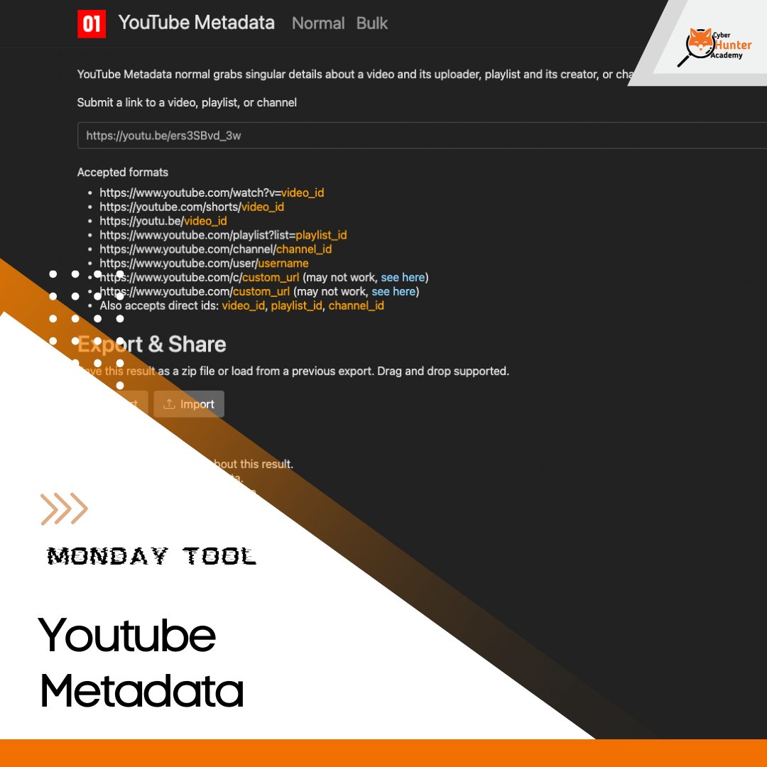 CyberHunterSec's tweet photo. 🔎 Una semana más, y un Monday Tool más, esta vez con una herramienta para Youtube 🔎
Youtube Metadata es una excelente herramienta para extraer metadatos, thumbs (la típica foto de portada) tanto del video como del canal, fotos del canal, etc etc
#mondaytool #tool #cybertool https://t.co/6c4744HHDo