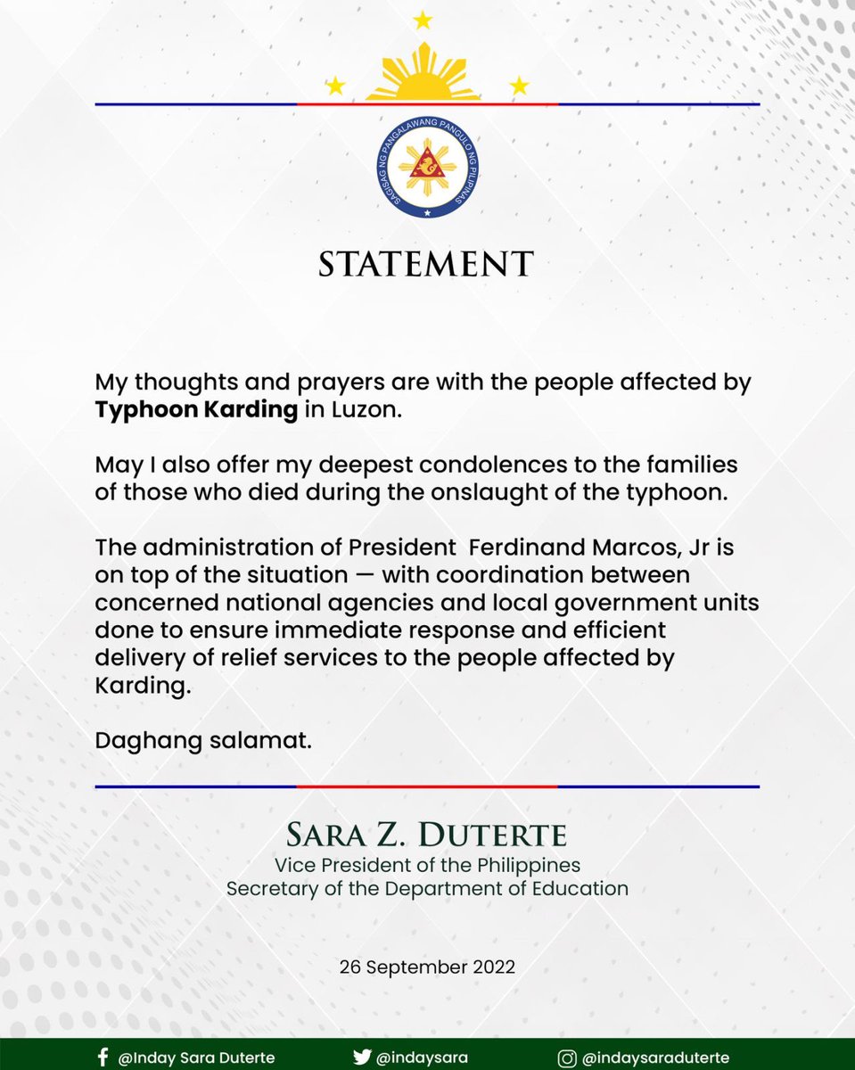 indaysara's tweet photo. STATEMENT

My thoughts and prayers are with the people affected by Typhoon Karding in Luzon. 

May I also offer my deepest condolences to the families of those who died during the onslaught of the typhoon. https://t.co/ykrSpsVTNa