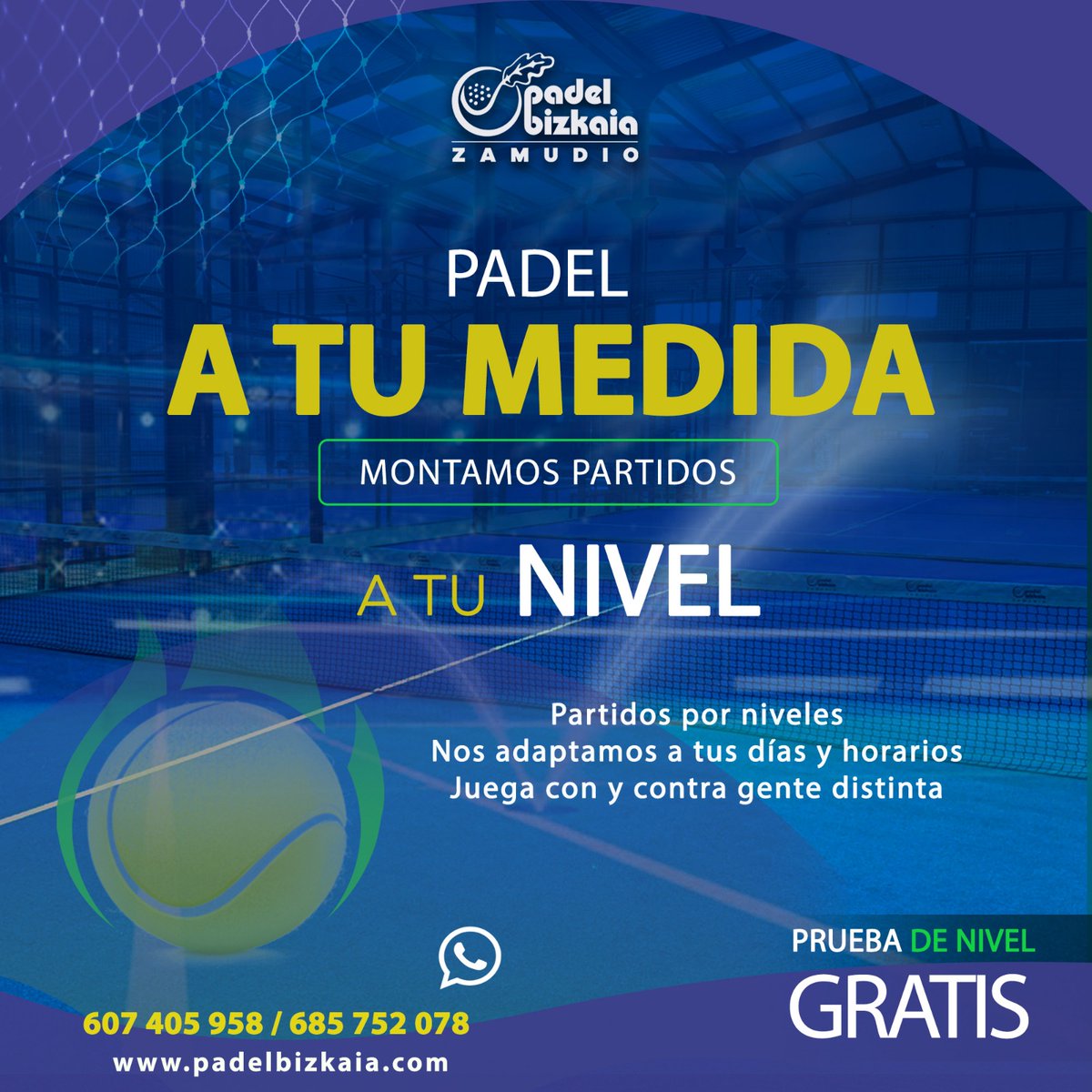 Programamos partidos cada día según nivel,en los horarios que mejor te convengan 
Calidad y resistencia en nuestras pistas panorámicas diseñadas y fabricadas para la práctica de pádel al más alto nivel
Padel Bizakia, el padel como te gustaría vivirlo
padelbizkaia.com