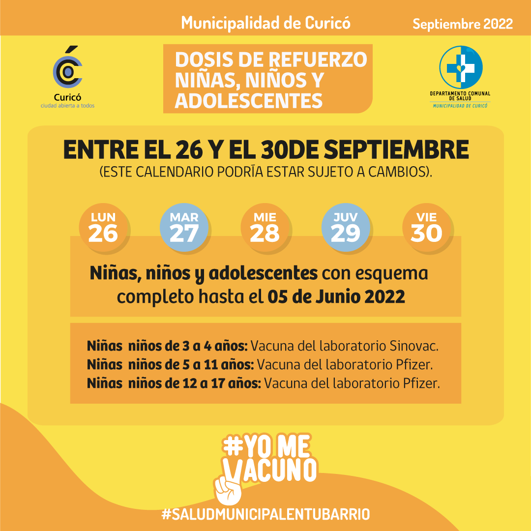 [VACUNACIÓN COVID]

Continúa la vacunación contra el Covid-19. Te presentamos los calendarios para esta semana. Recuerda que el esquema completo de vacunación evita en gran medida a que la enfermedad no sea grave.

#Curicó