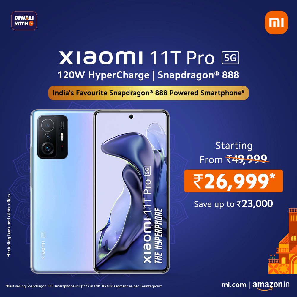 XiaomiIndia's tweet image. Fast and powerful performance on the go with the #Xiaomi11TPro 5G. 

➡️ Snapdragon® 888
➡️ 120W HyperCharge
➡️ 120Hz AMOLED Display

Head to our #DiwaliWithMi sale and get this #Hyperphone 👉 26,999*.
🛒 bit.ly/DWM_Xiaomi11TP…