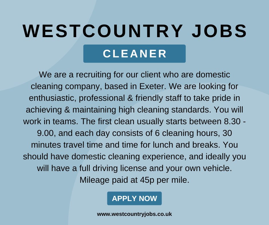 westcountryjobs's tweet photo. Job offers subject to satisfactory references, and a clear DBS check.
The role is available for an immediate start, interviews will take place at our clientβs offices in #Exeter.
Apply today π
https://t.co/f0LbXDkuUx
#westcountryjobs #exeterjobs #jobsinexeter #cleaner https://t.co/jhqRiZu6Qh