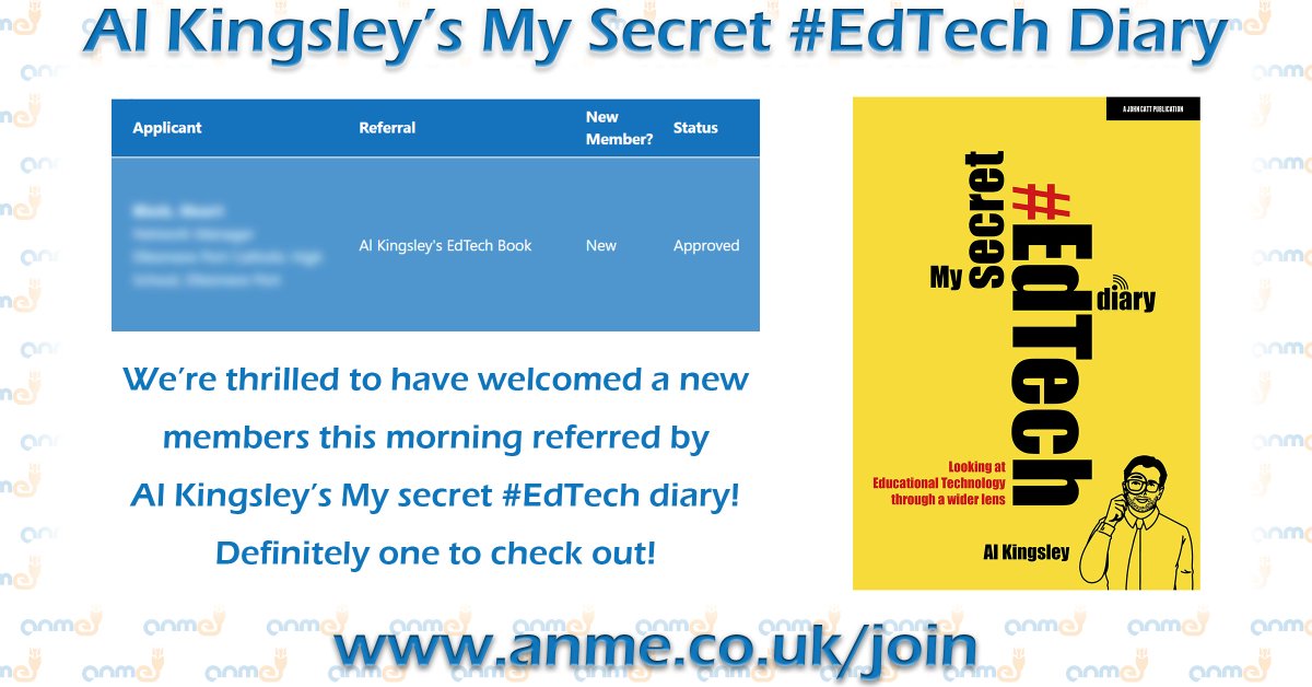 TheANME's tweet image. We&apos;re thrilled to have welcomed a new member over the weekend referred by @AlKingsley_Edu&apos;s book - My secret #EdTech diary! If you&apos;ve not read it already, we definitely recommend it! Thanks again for the mention Al! anme.co.uk/?utm_source=Tw… #ANME #networking @NetSupportGroup
