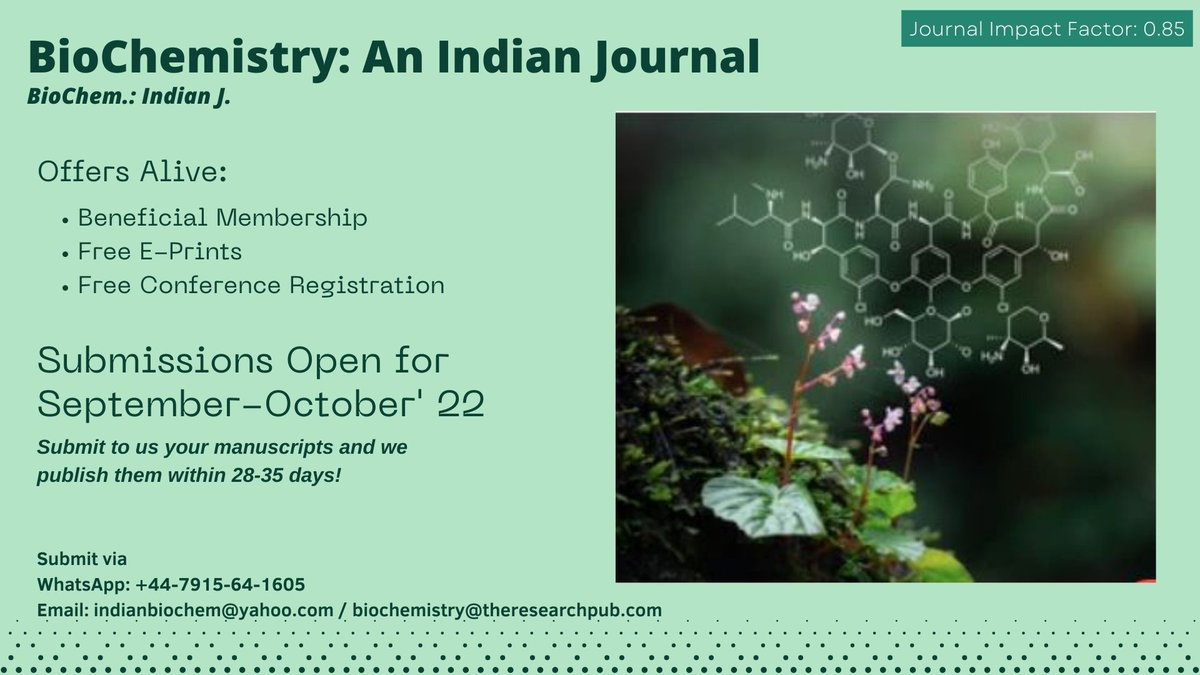 JournalBiochem's tweet photo. #submit and #publish your manuscripts!
For Vol. 16
Submissions can be made:
a. Via Email: indianbiochem@yahoo.com / biochemistry@theresearchpub.com
b. Whatsapp: +44-7915-64-1605
#biochemistry #molecularbiology #enzymes #chembiology #Chemistry #bacteria #Laboratory #pharmacology https://t.co/8iAu9qnn8T