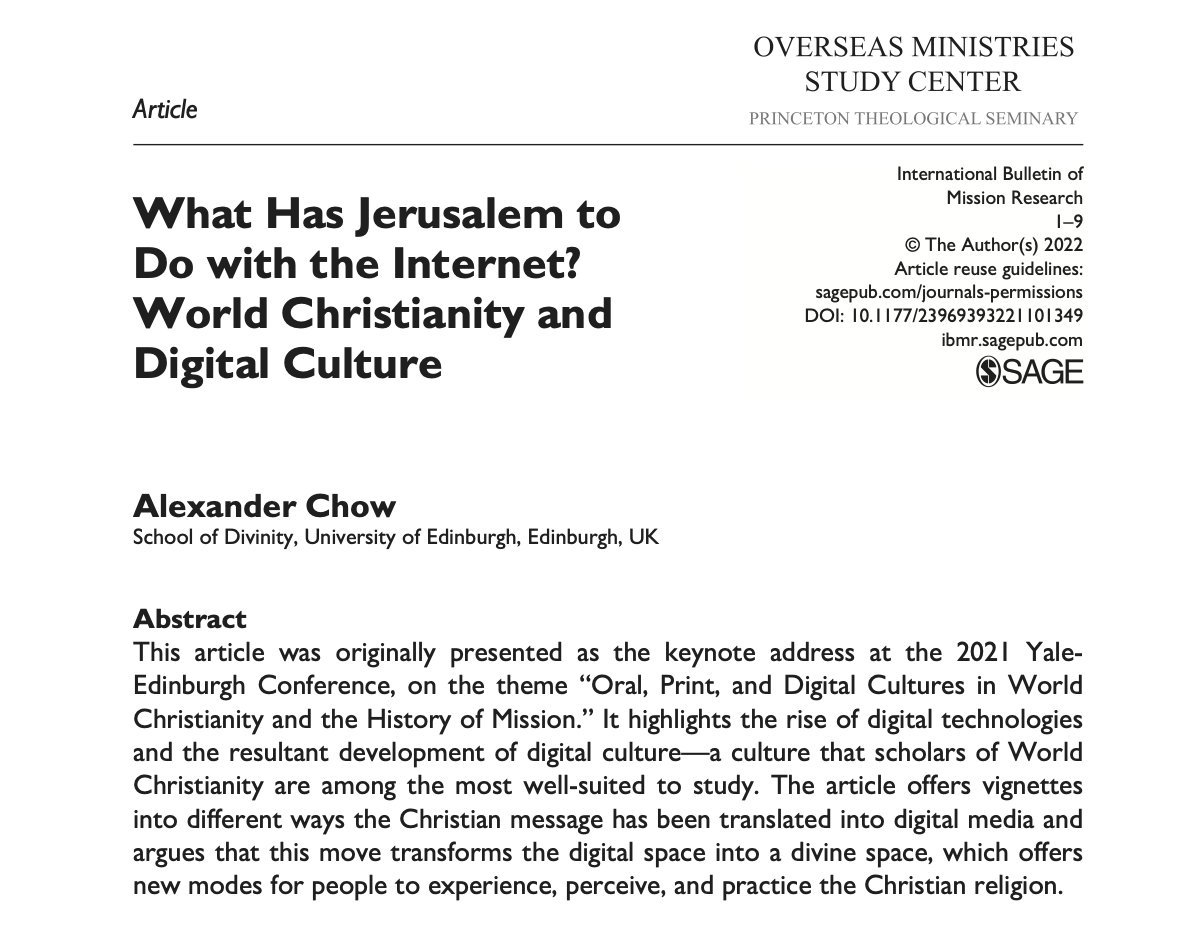 Glad to see my #YaleEdin2021 keynote published online-first: “What Has Jerusalem to Do with the Internet? World Christianity and Digital Culture.” #WorldChristianity #DigitalTheology #DigitalCulture doi.org/10.1177/239693…