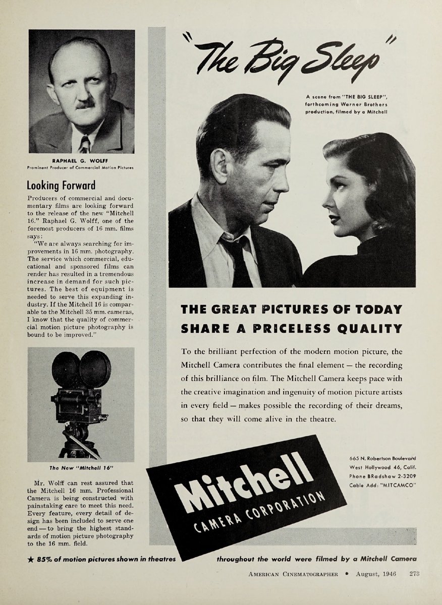 shutterangle180's tweet photo. American Cinematographer Ad
August 1946 - Vol. 27 No. 8 / page 273
#theasc #americancinematographer
#cinematography #cinematographers
#MitchellCamera #TheBigSleep #HumphreyBogart #LaurenBacall #FilmNoir https://t.co/Vnn0BnLaYt