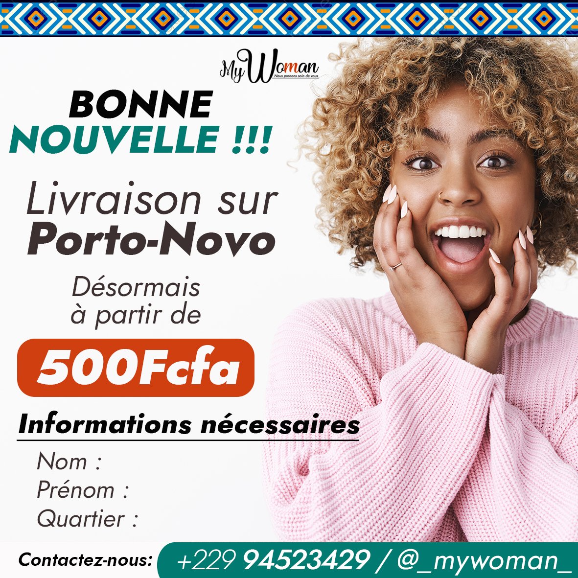 MyWoman_empire's tweet photo. 🔺Bonne nouvelle pour les clients de Porto-Novo. Livraison désormais à partir de 500f 🥰🥰.
.
#mywoman #savon #savonbaron
#TOGO #BENIN #wasexo https://t.co/8pEOnQtaCZ