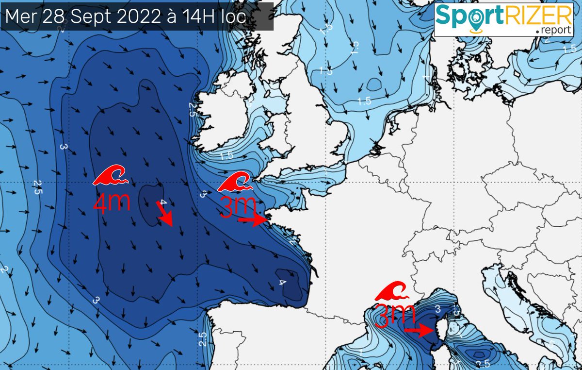 report_SR's tweet photo. 3/3 - 🌊 Côté vagues : le flux de nord-ouest qui se dessine mardi va impulser de belles houles mais le vent risque de  perturber les vagues. La Méditerranée va  retrouver ses 1ères vagues &amp; les spots Corse vont se réveiller ! #surf #météo 👉 https://t.co/ArnmVf1VVs https://t.co/K7pNCGGCHn