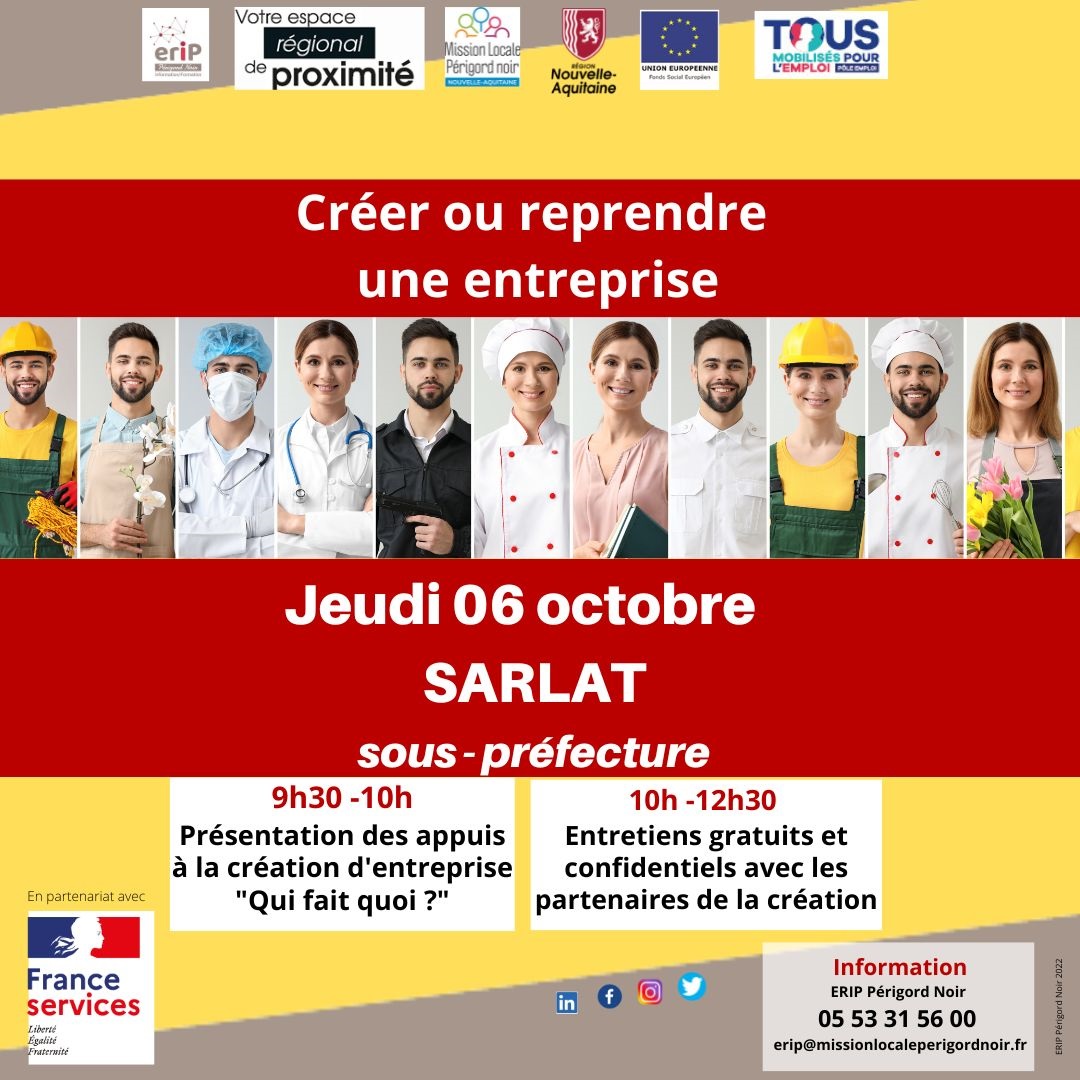 [création d'entreprise] #sarlat - jeudi 6 oct- 9h30 

 sous préfecture / France Services 
infos 05 53 31 56 00