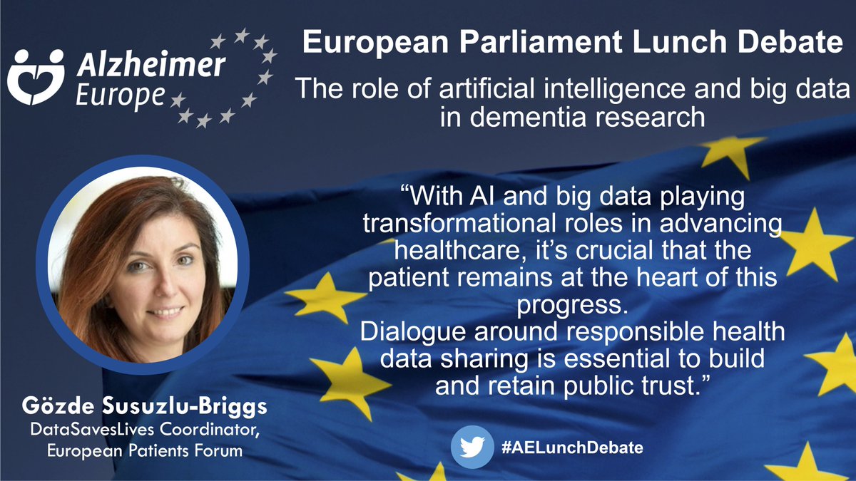 AlzheimerEurope's tweet photo. Our last speaker at the @AlzheimerEurope European Parliament #AELunchDebate
Gözde Susuzlu-Briggs provides an overview of how the @DataSaves_Lives initiative is raising awareness & engagement on health data #DataSavesLives @GozdeBriggs @eupatientsforum https://t.co/XG6IwEeUEH