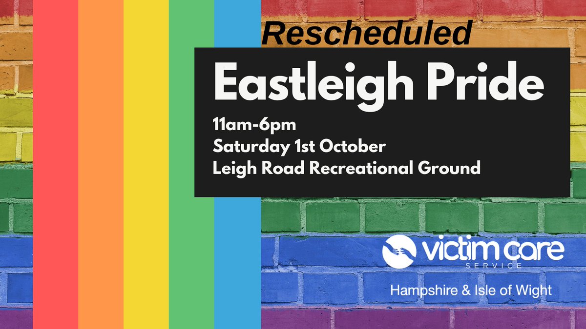 We are looking forward to attending the rescheduled Eastleigh Pride on Saturday 1st October. 
Find us at Leigh Road Recreational Ground starting at 11am for information and advice after crime <a href="/EastleighPrideC/">EastleighPrideCIC</a> .
Prejudice and #Hate are never acceptable.
#EastleighPride #Pride2022
