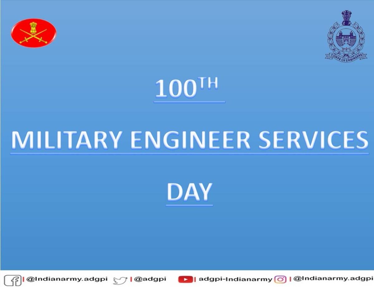 adgpi's tweet photo. On the occasion of 100th Military Engineering Service Day, Engineer-In-Chief congratulates all #MES personnel and exhort them to remain prepared to meet emerging challenges &amp; organisational needs and continue dedicating themselves towards Nation Building. 

#IndianArmy https://t.co/elbRd1YGfC