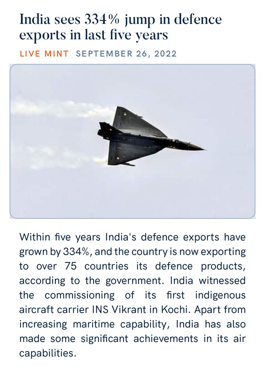 zahidpatka's tweet photo. #AtmanirbharDefence
The Indian Defence sector,is at the cusp of revolution.Kudos PM @narendramodi Ji
#8YearsOfMakeInIndia
Defence exports grew by 334% in the last five years; India now exporting to over 75 countries due to collaborative efforts.
https://t.co/mygS4Snc8O
@PMOIndia https://t.co/whFNwJpExv