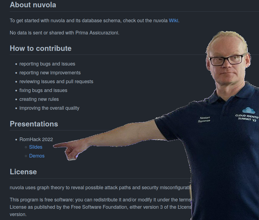 _notdodo_'s tweet photo. On nuvola's repository README (https://t.co/GRinhlXgWm) you can find all links for the #RomHackCamp #slides and #demos that you saw during the "You Shall Not PassRole!" talk https://t.co/SLW4fPT94v