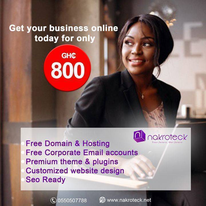 SmartQix's tweet photo. Get your business online today for only GH¢800, which includes a customized website design, premium theme, a free domain, free hosting, SEO readiness, and free Corporate Email accounts. 

📞 Call or Chat with us on 0550507788
.
.
.
#websitedesign #seo #web #ecommerce #wordpress https://t.co/iOTW9pJe6D