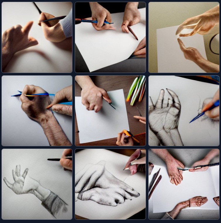 scottgeersen's tweet photo. "THE AI CAN'T DRAW HANDS EITHER" I shout at my art teacher, as I stumble, crying, from the art room.

"The AI can't draw hands either..." I whisper to myself the next day, as I pull my crumpled portfolio from the bin, and open it to a new page. https://t.co/bPvCxezMvv