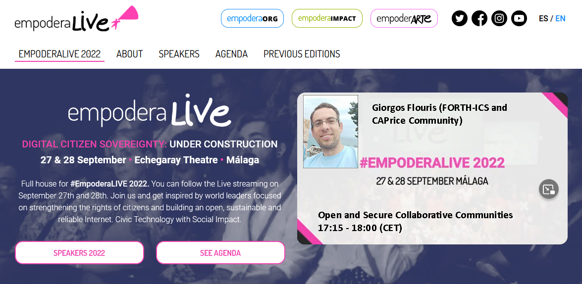 CapriceSociety's tweet photo. Giorgos Flouris (@ICS_FORTH,@ISL_ICS_FORTH , @CapriceSociety ) will participate in the @EMPODERA_org LIVE event which will take place in Malaga, Spain on 27-28 of September 2022.
For more info/live streaming pls check here: https://t.co/JRWz76cG3g
#CapriceCommunity #cap_a_project https://t.co/3O93RR07IP