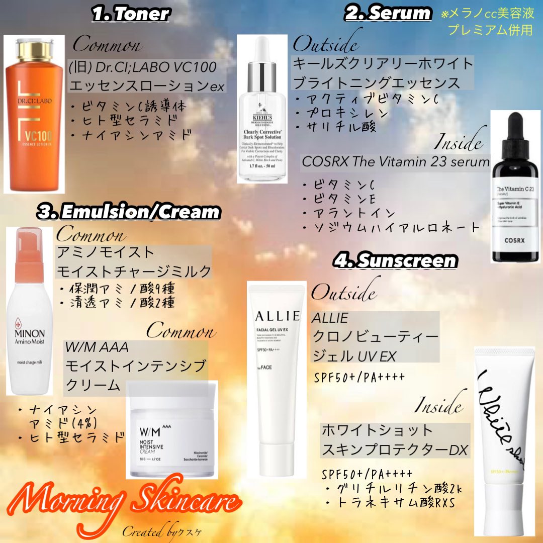 tk_hadakaizen's tweet photo. 肌改善に向けたスキンケアラインナップ。朝は外出用と在宅時で使い分け、夜はリッチな商品多め。
ビタミンC/ビタミンA (レチノール)/ トラネキサム酸/ナイアシンアミド/ヒト型セラミドをバランス良く。マンデル酸やヒト幹細胞も取り入れた。
夜の美容液は1日おきに使ってます。 https://t.co/dFVSv7zeTY