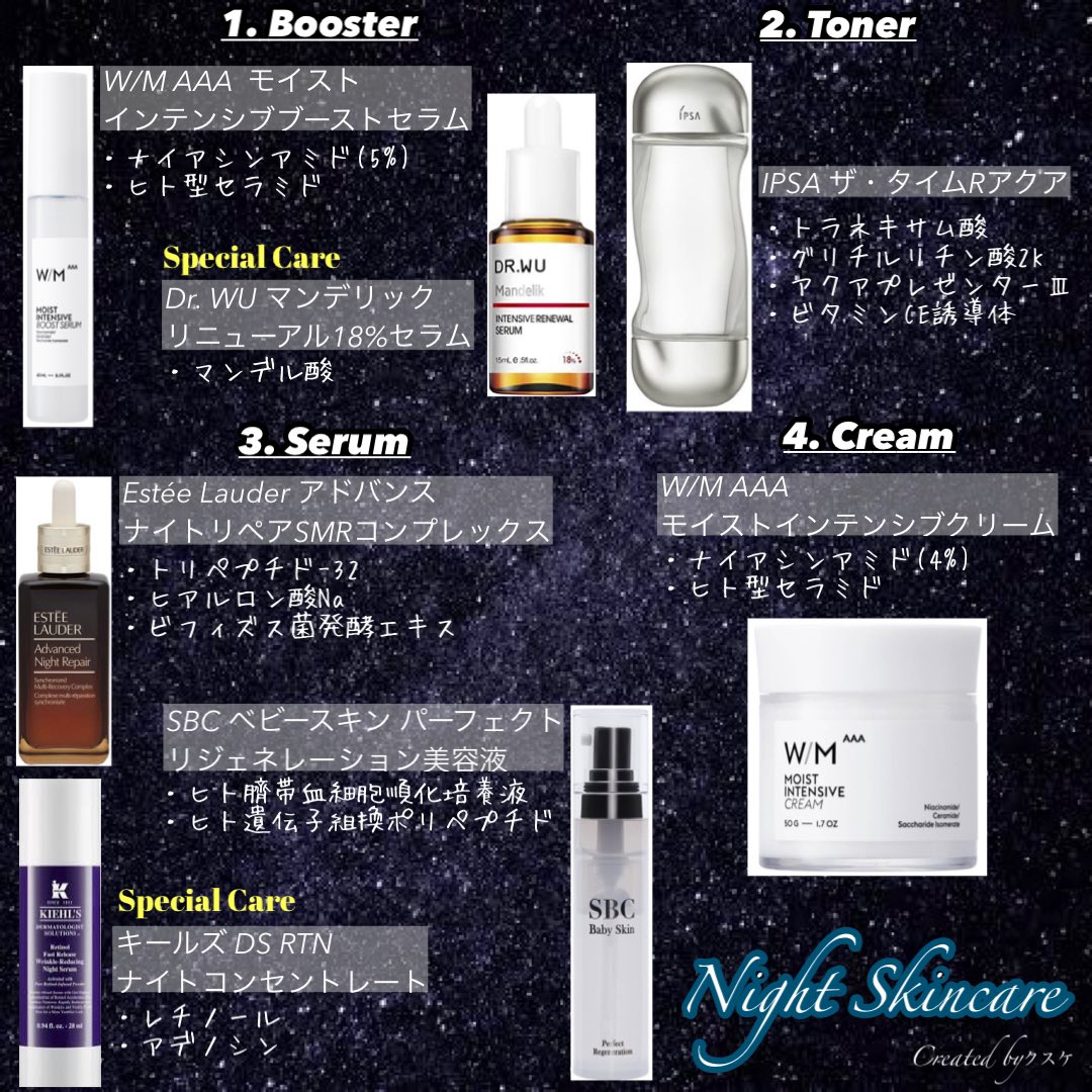 tk_hadakaizen's tweet photo. 肌改善に向けたスキンケアラインナップ。朝は外出用と在宅時で使い分け、夜はリッチな商品多め。
ビタミンC/ビタミンA (レチノール)/ トラネキサム酸/ナイアシンアミド/ヒト型セラミドをバランス良く。マンデル酸やヒト幹細胞も取り入れた。
夜の美容液は1日おきに使ってます。 https://t.co/dFVSv7zeTY