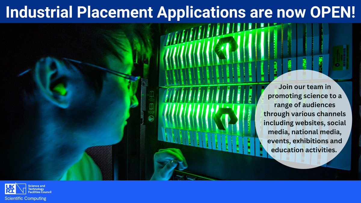 Our Industrial Placement Student Applications are now OPEN!🥳

Apply NOW for our Scientific Computing Science Communication Industrial Placement, one of five being advertised at STFC: careersportal.co.uk/UKRI-careers/j…

#IndustrialPlacement #ScienceCommunication