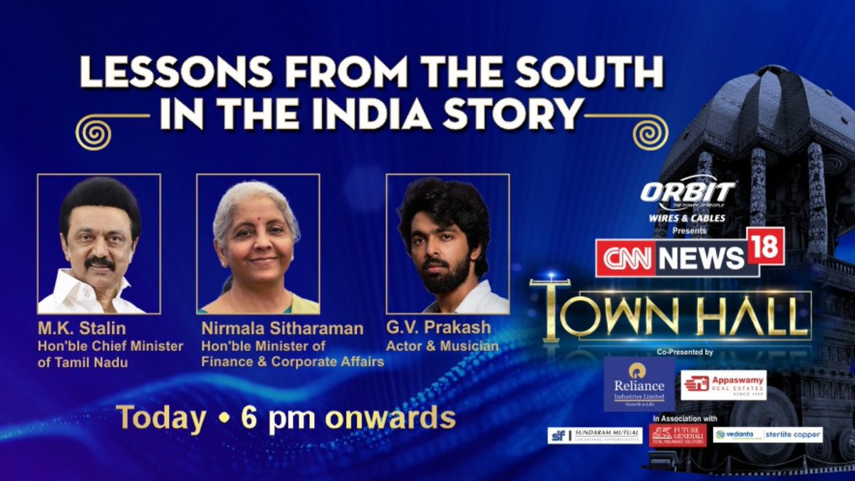 CNNnews18's tweet photo. Join us #Live for an #Exclusive interaction with Tamil Nadu CM @mkstalin, Union Finance Minister @nsitharaman  &amp; Actor-Musician @gvprakash at #CNNNews18Townhall at 6pm TODAY

WATCH LIVE- 
YouTube: https://t.co/y5ESvtWLsr
Facebook: https://t.co/SiwhG7S0fy https://t.co/GIjNQijKC8
