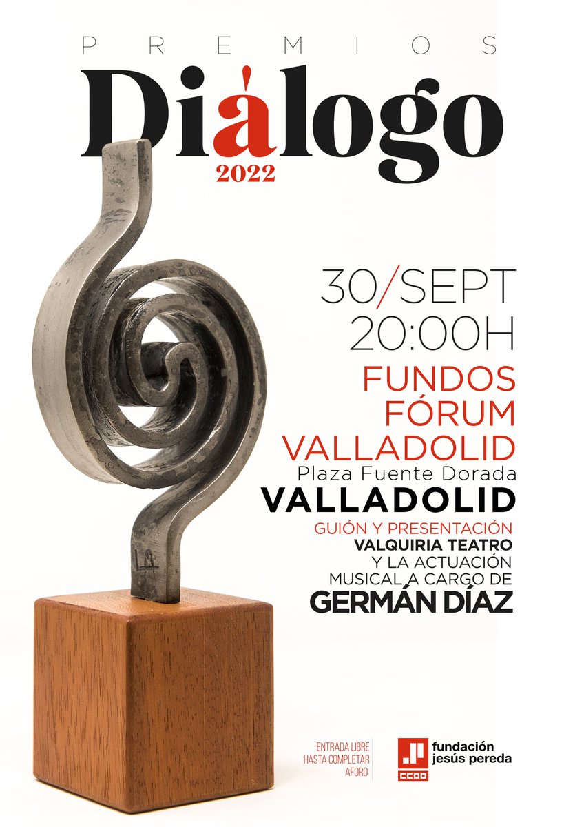 🗓️Viernes 30 septiembre 20h00 
🚩Fundos Fórum Valladolid
👉Gala de los #PremiosDiálogo 
📯Premios para María Calleja, La Bo-Eme de Soria y <a href="/COPElCandil/">COP El Candil</a> de León

Presenta <a href="/ValquiriaTeatro/">Valquiria Teatro</a> y musicaliza <a href="/GermanDiazLopez/">Germán Díaz</a> 

Entrada libre hasta completar aforo.