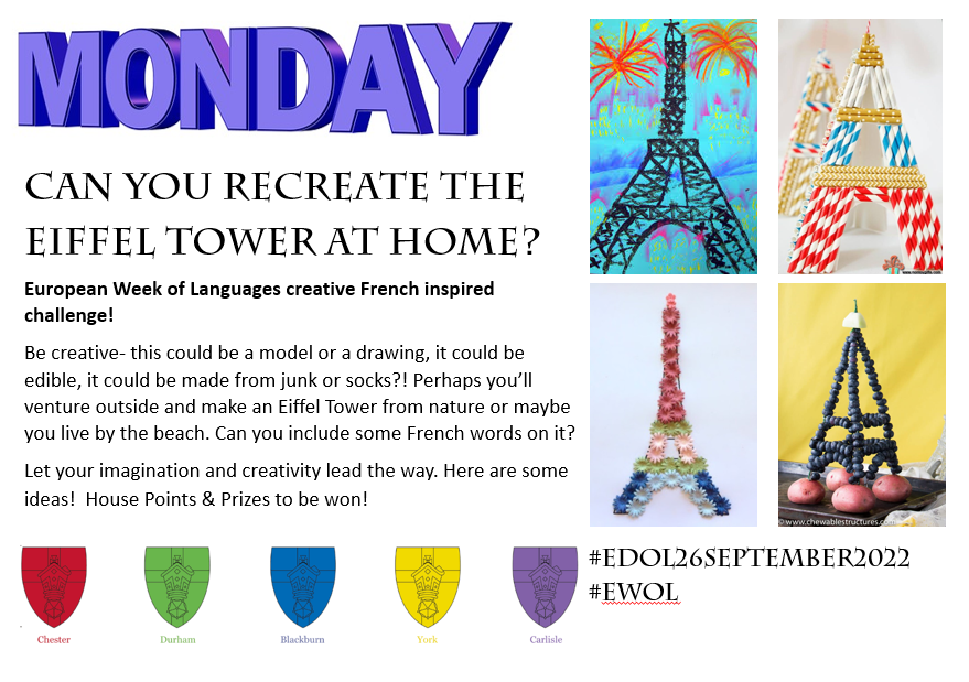 ripleystthomas's tweet photo. Pupils! Can you recreate the Eiffel Tower at home for our #EuropeanWeekofLanguages French creative challenge? This could be a model/drawing, be edible, or made from junk/socks? Let your imagination/creativity lead the way. House Points & Prizes to be won!
#EDOL22 #RipleyEWOL https://t.co/ghP9JGMsBn