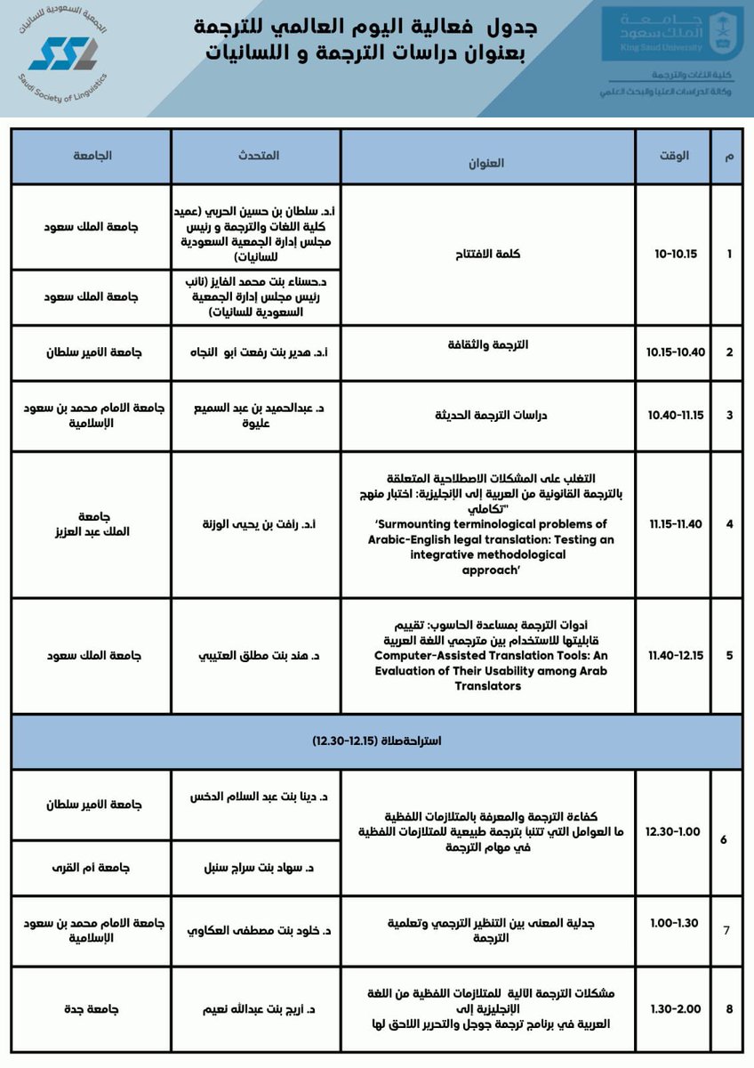 COLS_KSU's tweet photo. يسر وحدة البحث العلمي بكلية اللغات والترجمة بالتعاون مع الجمعية السعودية للسانيات @SSL_KSU أن تعلن عن فعالية:

اليوم العالمي للترجمة 
بعنوان "دراسات الترجمة واللسانيات" 

🗓الخميس ٢٩-٩-٢٠٢٢م
⌛️١٠ صباحًا-٢ ظهرًا 
📍زووم

للتسجيل:
https://t.co/unTUhlxmGg https://t.co/DD1TCnfrJf