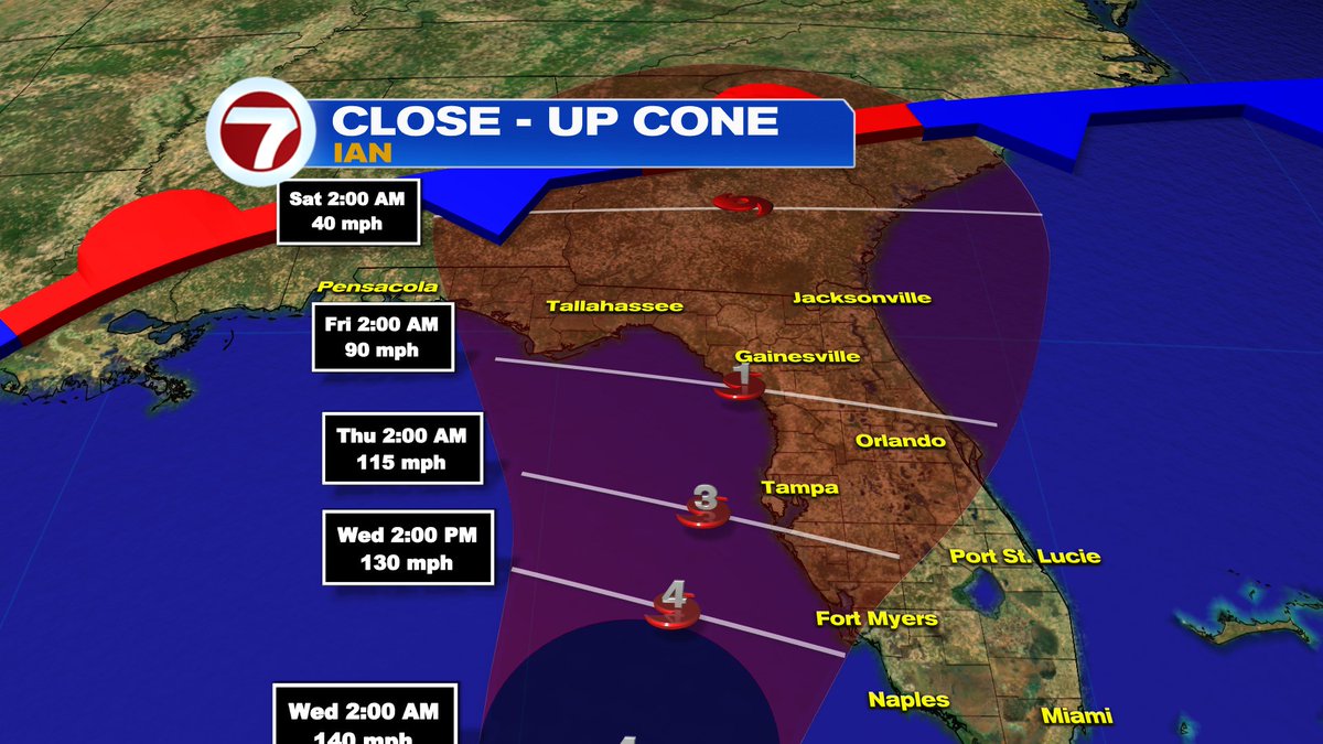 7Weather's tweet photo. MONDAY 5AM CONE: HURRICANE #Ian forecast track has shifted slightly East again. The track shows Ian very near or over the West-Central coast of #Florida. A Hurricane Watch issued along the West coast of Florida from North of Englewood to the Anclote River, including Tampa Bay. https://t.co/0RdGQkXVN6