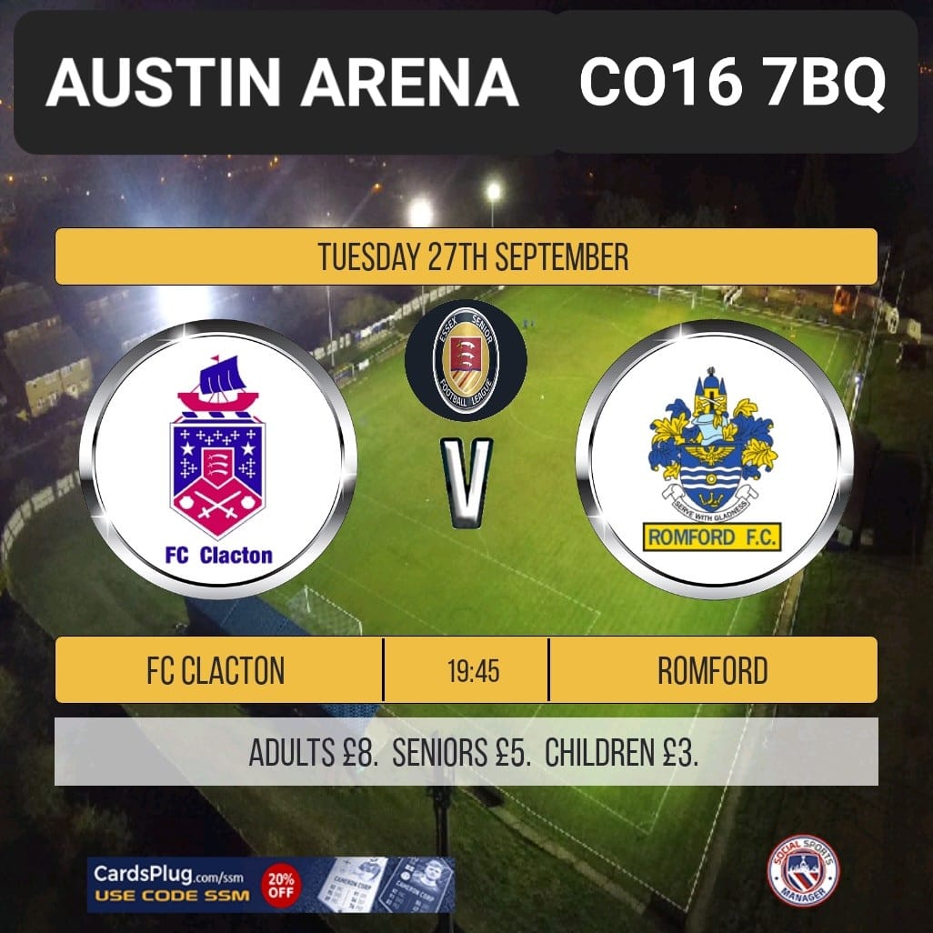 FC Clacton (@fc_clacton) on Twitter photo ๐ The First Team are back in <a href="/EssexSenior/">Essex Senior League</a> action at The Austin Arena tomorrow evening for the visit of <a href="/RomfordFC/">Romford FC</a> - please join us and show your support!
#Seasiders โช๐ตโฝ ๐ The First Team are back in <a href="/EssexSenior/">Essex Senior League</a> action at The Austin Arena tomorrow evening for the visit of <a href="/RomfordFC/">Romford FC</a> - please join us and show your support!
#Seasiders โช๐ตโฝ