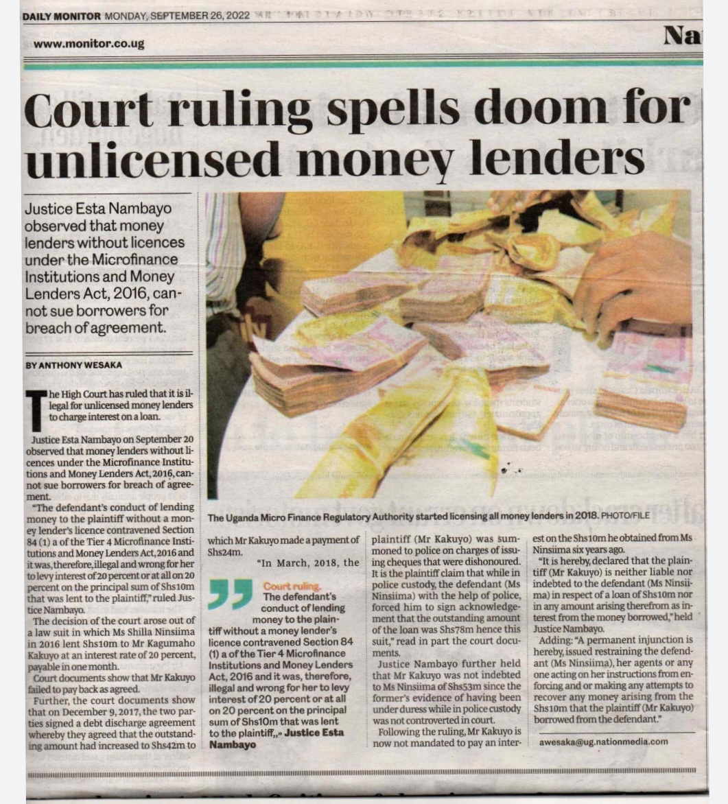 #News We have always warned the public against transacting with unlicensed Tier 4 Microfinance Institutions and Moneylenders. Thank you @DailyMonitor @JudiciaryUG @GCICUganda @DuncanAbigaba @UgandaMediaCent @HonKyeyune @mofpedU