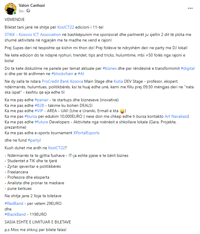 Redjakova's tweet image. VEMENDJE
Biletat tani janë në shitje për @KosICT 2022 edicioni i 11-të!
Lexo me poshtë cka ju pret me 7-8 Tetor 

Blej biletën &amp;gt; tiks.app/e/kosict 

#KosICT22 #STIKK #Kosovo #Conference #Tech