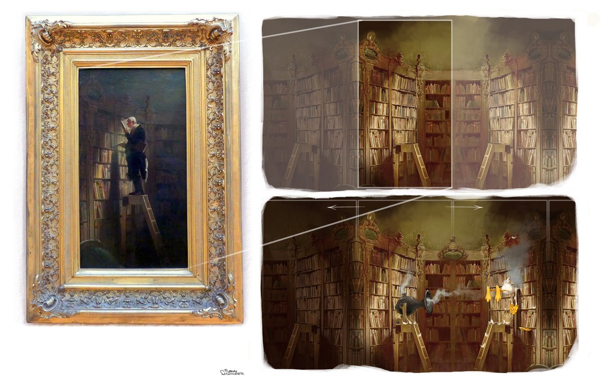 papierwanderer's tweet photo. This is a quickly edited breakdown of how I went about creating the #Duckland background sujet, based on #CarlSpitzweg's painting 'The #Bookworm' (ca. 1850).
#artprocess #backgroundpainting #floriansatzinger #characterdesigner #exhibition #kasematten https://t.co/qdRGSsEK5Q