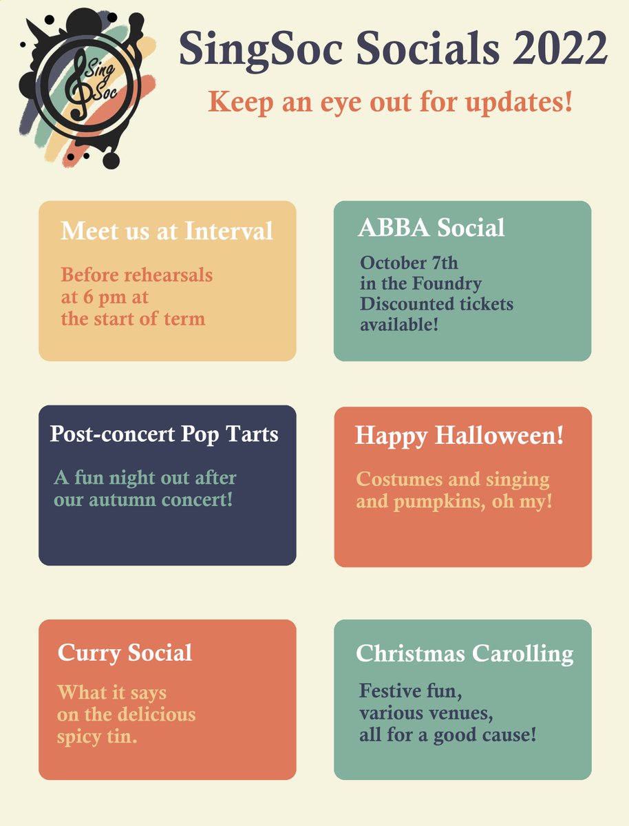SheffSingSoc's tweet photo. Thinking of joining us at Melodia (7pm) or Socii (8pm) tonight? Maybe these concert dates and socials will seal the deal! https://t.co/cRFYQ9CHUM