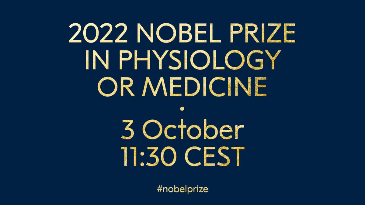 Not long until the 2022 medicine laureates are revealed - have you told your friends? Join the excitement here! Watch the live stream and hear the news first at nobelprize.org and right here @NobelPrize: twitter.com/i/broadcasts/1… #NobelPrize