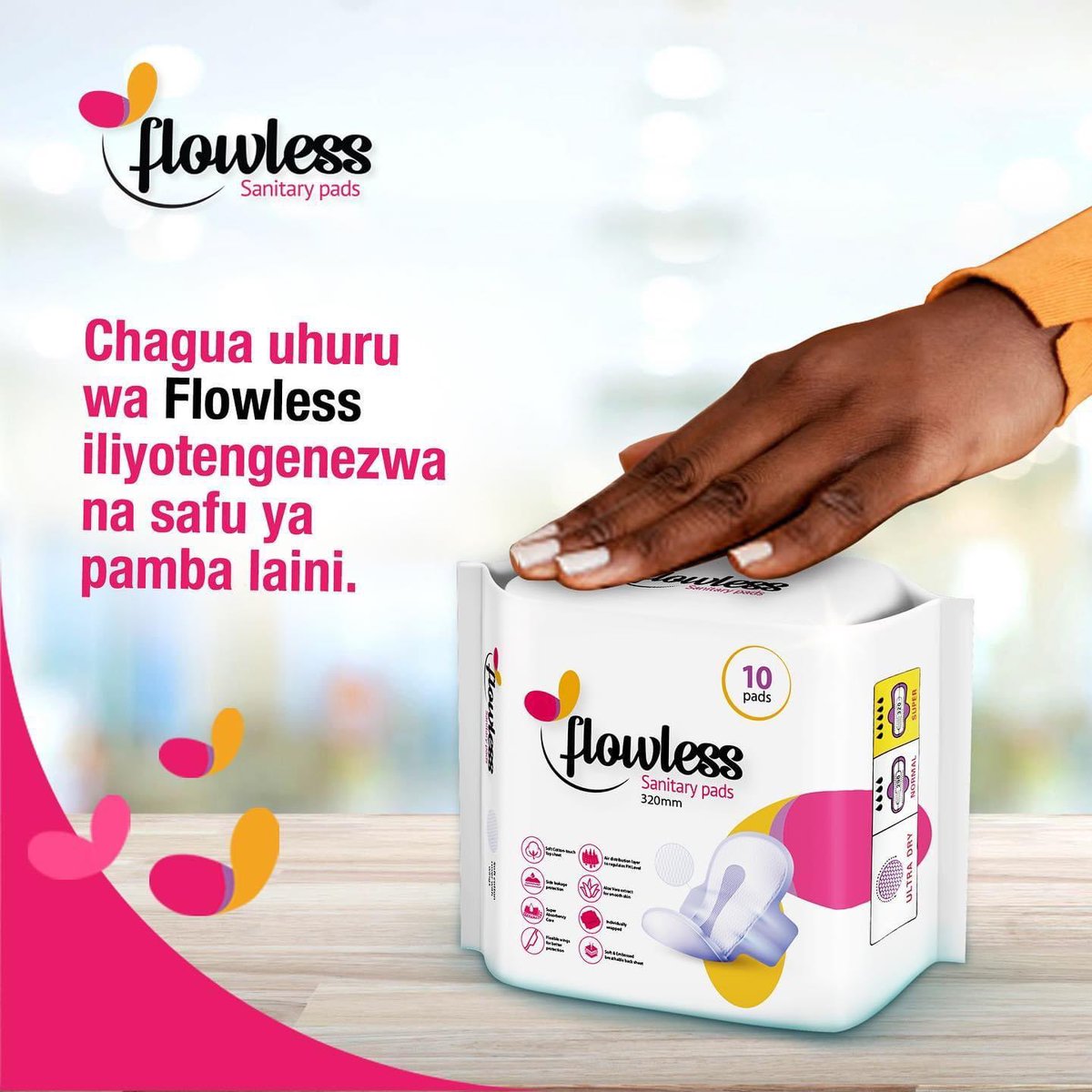 FlowlessPads's tweet photo. Taulo za kike za Flowless zimetengenezwa kwa bora wa hali ya juu na hazikusababishi muwasho, ni mwendo wa kujiamini tu! 
#NikoHuru 
#Flowless https://t.co/Qdsq039Fgx