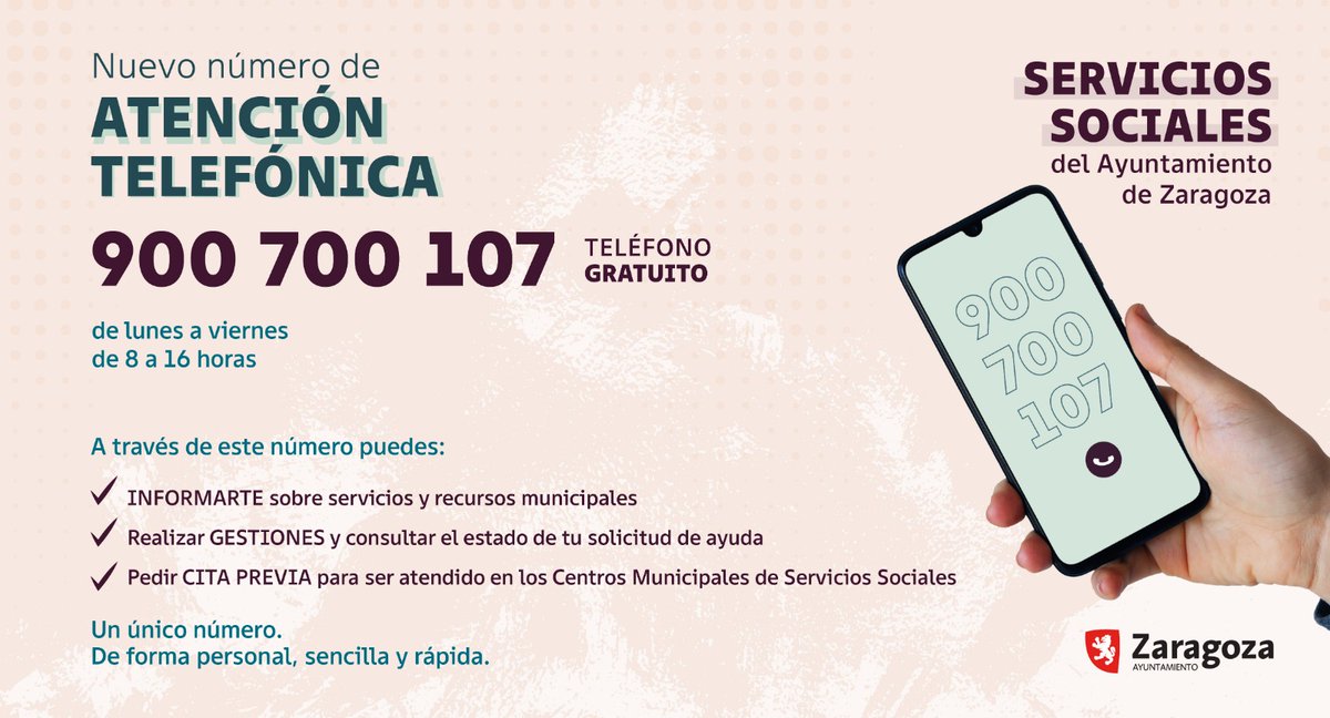 Nuevo teléfono gratuito de nuestros servicios sociales
9⃣0⃣0⃣7⃣0⃣0⃣1⃣0⃣7⃣
👉Centraliza el acceso a los 15 Centros Municipales de Servicios Sociales y al resto de servicios sociales.
👉Para citas con trabajo social.
👉Accesible para personas con deficiencias auditivas o del habla.
