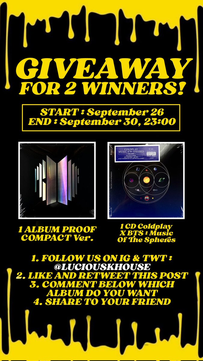 luciouskhouse_'s tweet photo. GIVEAWAY BUAT ARMY!!!
ADA 1 ALBUM PROOF COMPACT VER. SAMA 1 CD COLDPLAY X BTS, BUAT DUA ORANG YANG BERUNTUNG! Sealed yaaa~~~
YANG MAU IKUTAN SILAKAN IKUTI RULES YANG ADA DI POSTER YA! ๐
#LK_EVENT https://t.co/DiG8tzdJLF