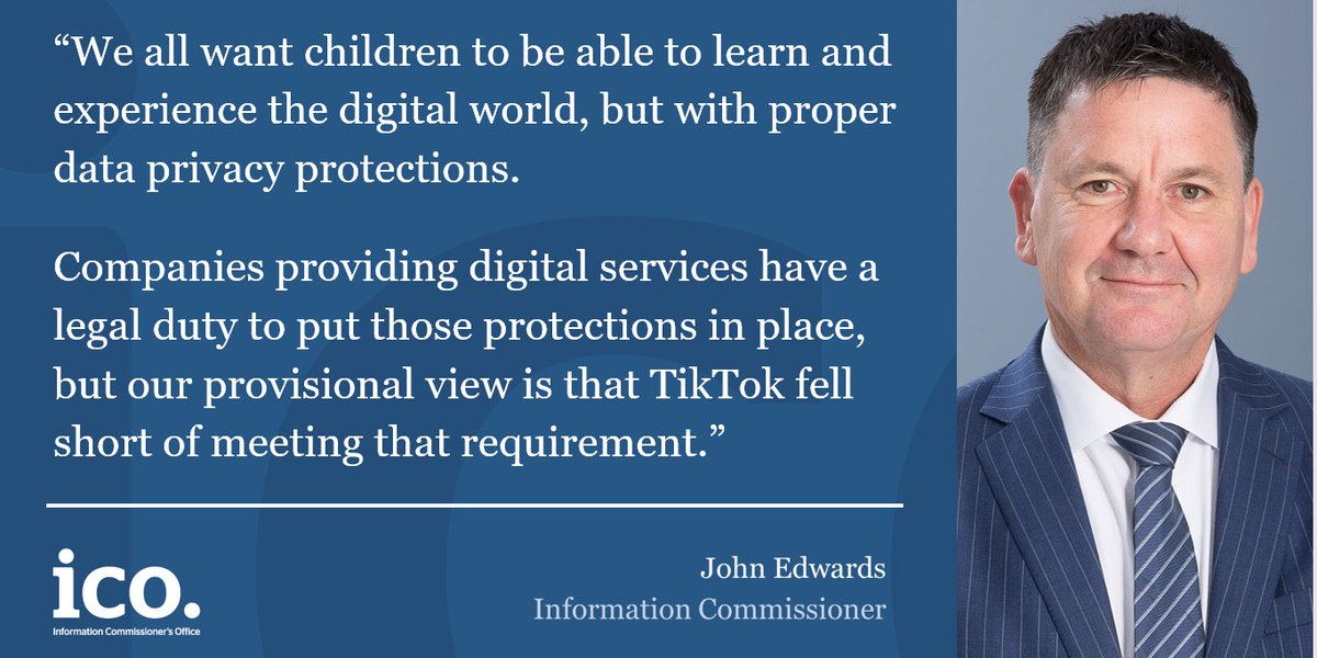 ICOnews's tweet photo. NEW: As part of our work to protect children’s privacy, we’ve been looking into where practice isn’t up to our expectations. Our investigation found that TikTok may have breached UK data protection law and could face a fine of £27 million.
More: https://t.co/iqcIbTmKw4 https://t.co/NfLilmzbTn