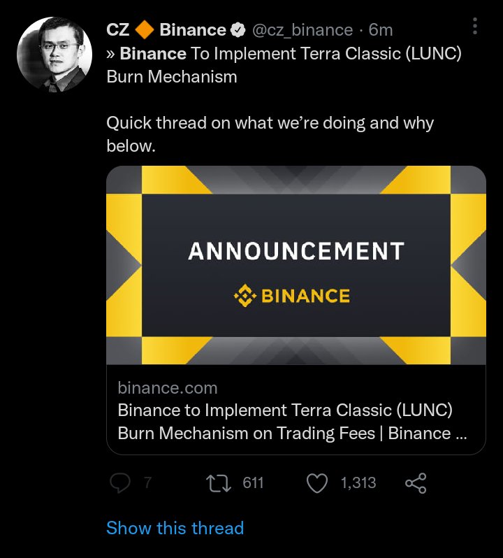 congratulations #LUNCARMY we have done it. Thanks, <a href="/cz_binance/">CZ 🔶 BNB</a> for listening.

Binance, the number 1 exchange in the world to support 1.2 per cent of chain #LUNCBURN 

Everyone say thanks to <a href="/cz_binance/">CZ 🔶 BNB</a> and fix your ratings to 5 stars on the playstore/app store again.

RETWEET