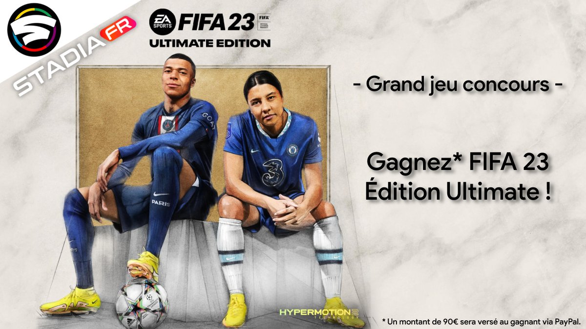 FrStadia's tweet photo. 🎁 Grand Concours Stadia Fr - FIFA 23 🎁
Sortez les crampons les amis, on va vous faire gagner FIFA 23 - Édition Ultimate ! ⚽️🥳
📝 Comment participer ? Suivez-nous @FrStadia et likez ce tweet
⏱️ Vous avez jusqu'à 20h pour participer ! Bonne chance ! #Stadia #FIFA23 https://t.co/8ueyJkhjzq