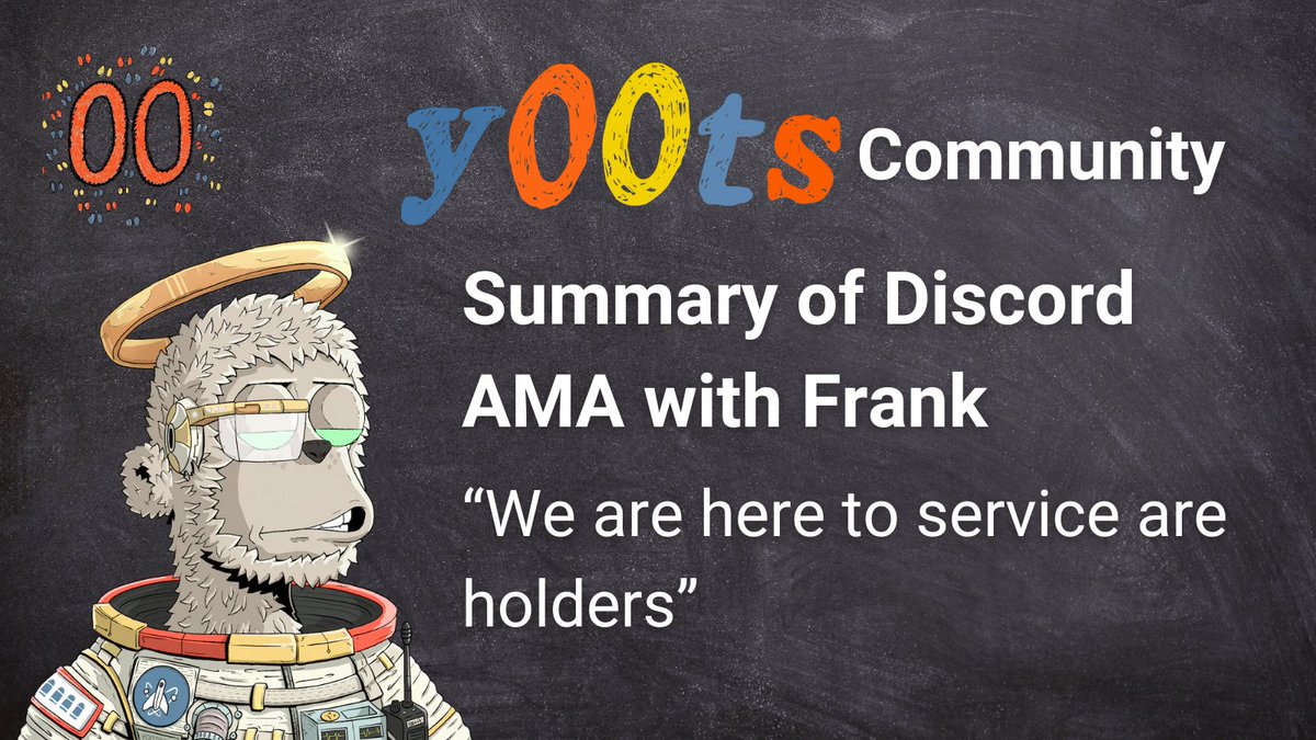 After announcing that <a href="/y00tsNFT/">y00ts</a> reveal was not going to happen before end of September with some cute puppy pics. <a href="/frankdegods/">Frank</a> jumped straight into a 2 hour long Discord AMA. 

Outlined:
- Why the delays?
- Staking updates
- Reveal updates
- Y Paper and IP talk
- Juicy Alpha drop