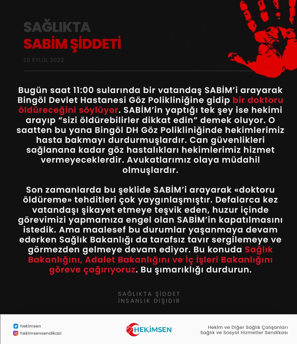 Cumhurbaşkanının sağlıkta şiddet suçu işleyen kişilerin konumunun,teröristle aynı konumda olduğunu belirten sözlerini hatırlatıyor,Sağlık Bakanlığını,Adalet Bakanlığını ve İç İşleri Bakanlığını göreve davet ediyoruz.
<a href="/drfahrettinkoca/">Dr. Fahrettin Koca</a>
<a href="/saglikbakanligi/">T.C. Sağlık Bakanlığı</a>
<a href="/adalet_bakanlik/">T.C. Adalet Bakanlığı</a>
<a href="/TC_icisleri/">T.C. İçişleri Bakanlığı</a>