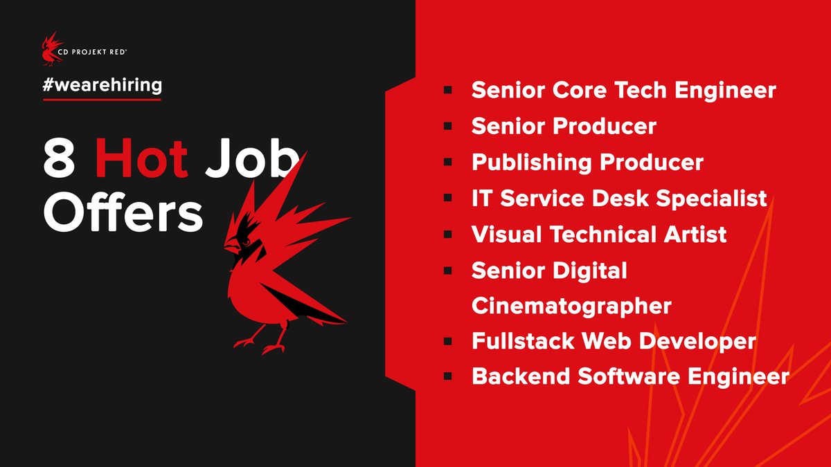 CDPROJEKTRED's tweet photo. We’re finishing off this week with a summary of hot job offers at #CDPR 🔥 Take a look and don’t hesitate to apply!

We’re looking for creative, driven, and professional individuals to join our teams. Check out all open positions at https://t.co/6qiXyukw3q https://t.co/gXKPB8GnvF