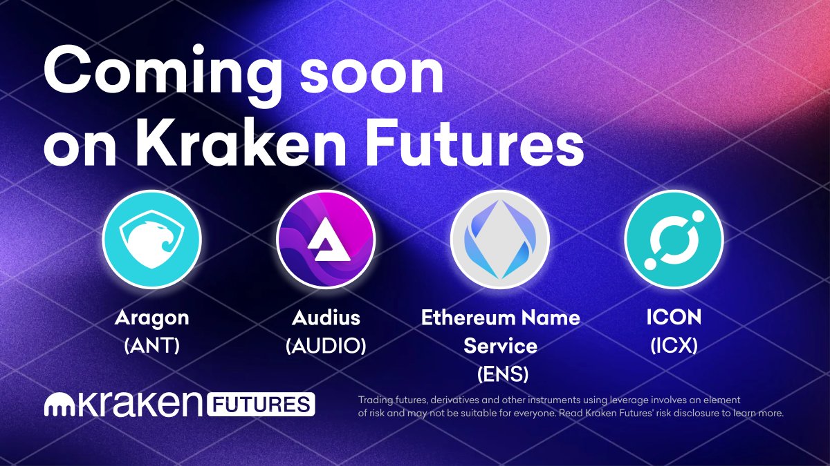 krakenfx's tweet image. New Kraken Futures contracts coming this week:

$ANT @AragonProject
$AUDIO @AudiusProject
$ENS @ensdomains
$ICX @helloiconworld

Transfer funds to your Kraken Futures wallet today.

👉 Trading starts Wednesday, September 28

*Geo restrictions apply

👇 
k.xyz/3Ss